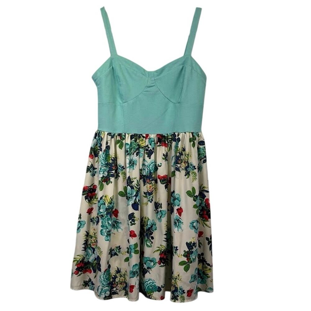 Soprano Skater Dress Y2K Corset Top Back Zip Blue Floral Mini Dress Size L